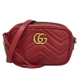 Auth GUCCI GG Marmont Mini Camera Bag 448065 Red Leather Shoulder Bag